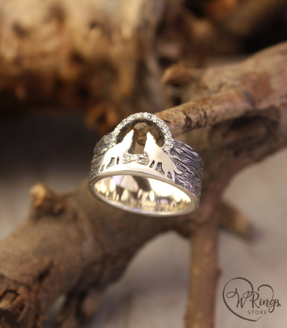 Two Wolves Sterling Silver Band With Cubic Zirconia, Unique Animal Silver Band, Tree Bark Wedding Men's & Women's Wide