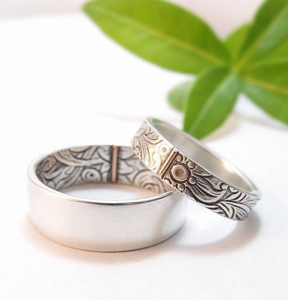 Silver Wedding Band Womens Mens Set Sunflower Floral Flower 14K Rose Gold Accent