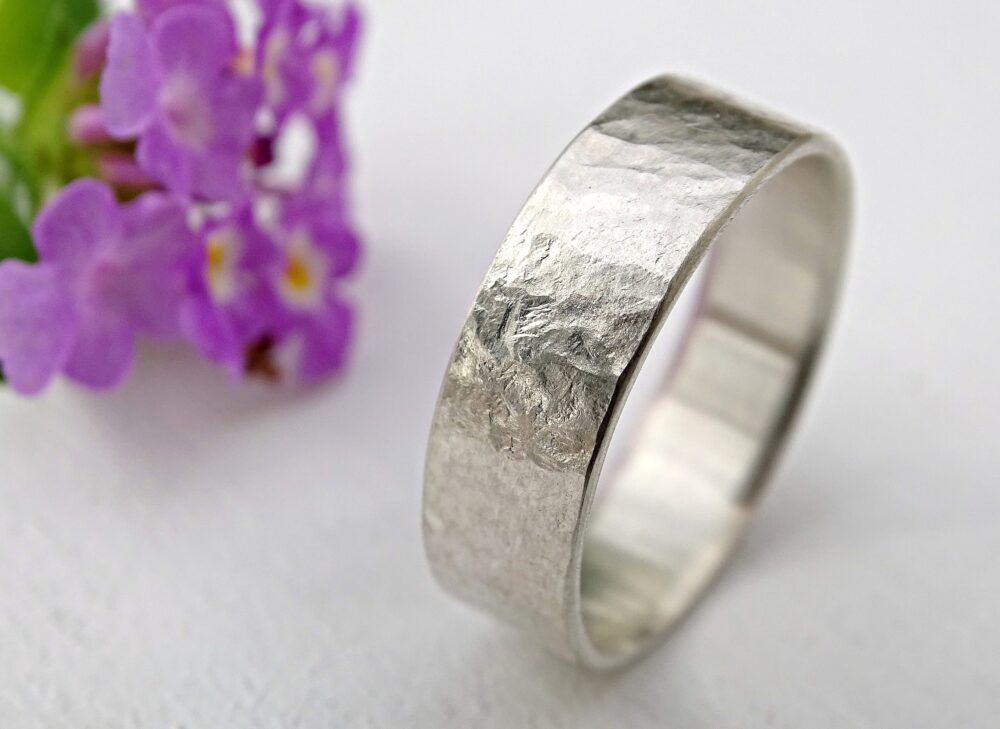 Handmade Sterling Silver Mens Wedding Band Hammered Silk Texture