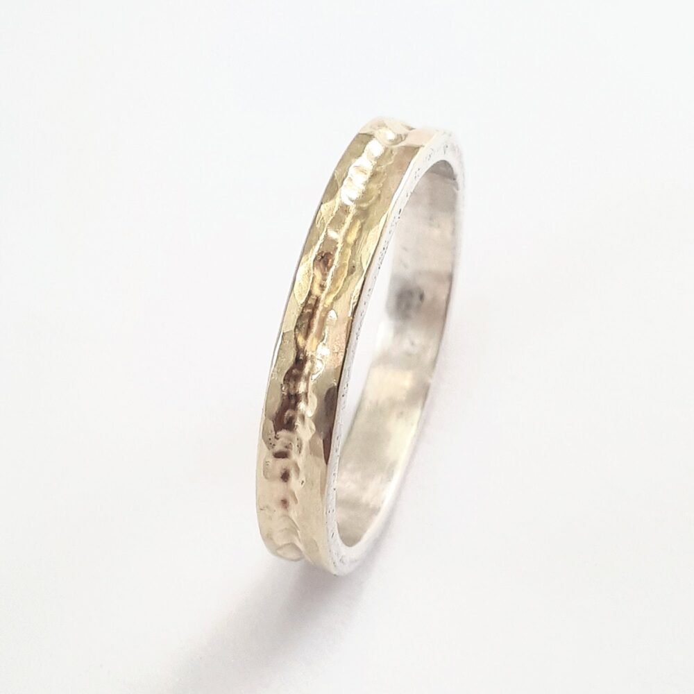 Unique Mens Gold Wedding Band, Men's Band Hammered Silver With A Solid Yellow Sheet Soldered On Top - Ilan Amir Jewelry