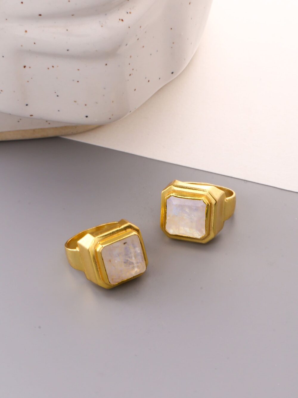 Moonstone Statement Ring Gold For Women & Men. Birthstone Ring. Designer Large Square Gemstone Bohemian Stone