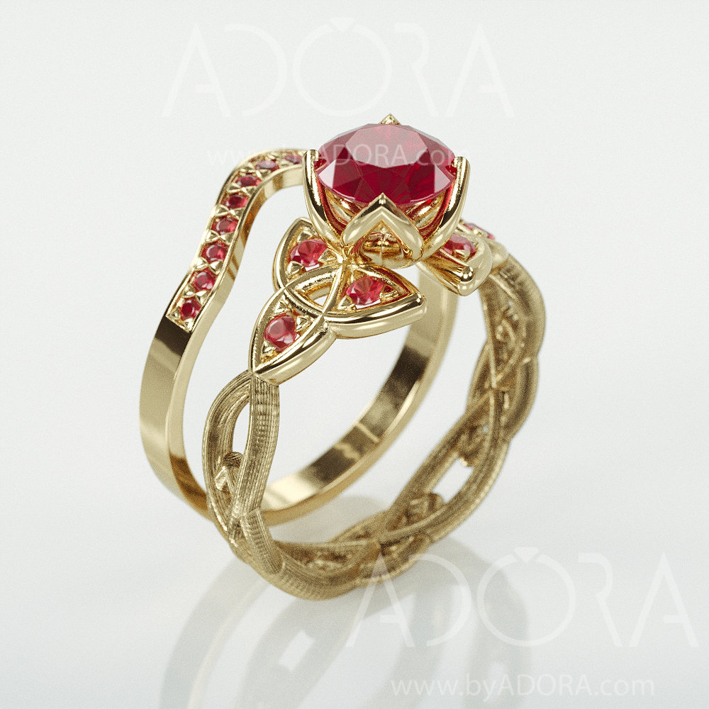 Handmade Trinity Knot Ruby Bridal Rings Set | 14K Gold Engagement & Wedding Triquetra Set With Natural