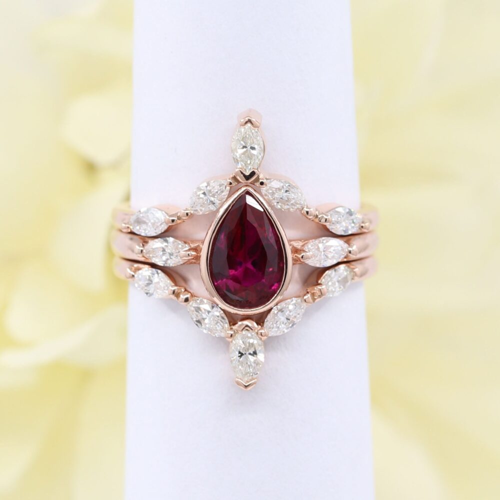 14K Rose Gold Pear Ruby Diamond Bridal Ring Set