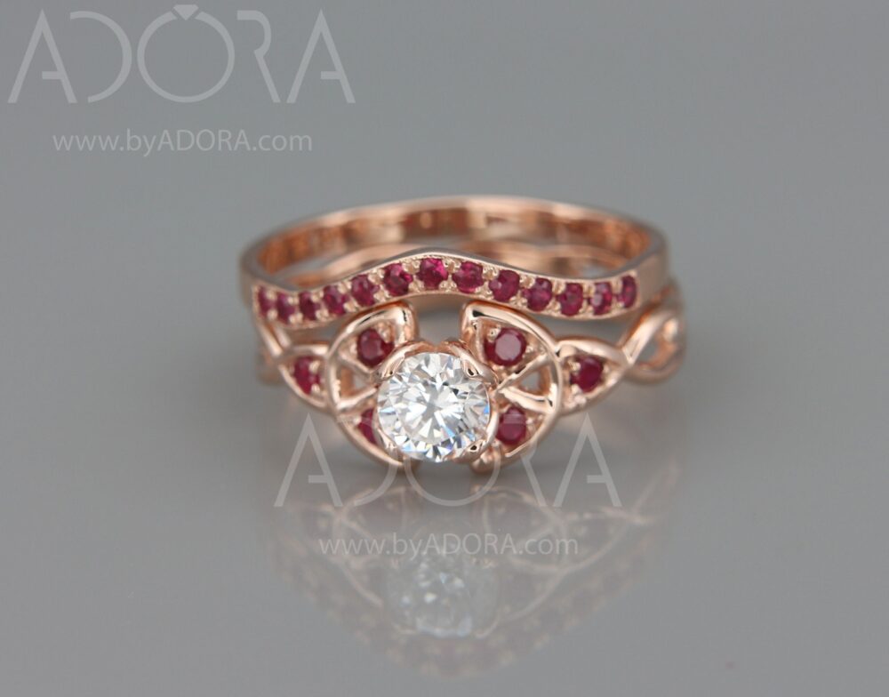 14K Rose Gold Trinity Bridal Rings Set | Engagement & Wedding Triquetra With Charles & Colvard Forever One Moissanite Rubies