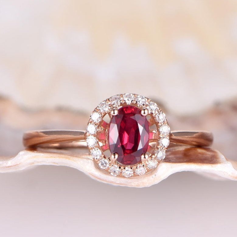 Ruby Ring Moissanite Engagement Solid 14K Rose Plain Gold Band 4x6mm Oval Cut Stone Halo High Quality Promise Bridal