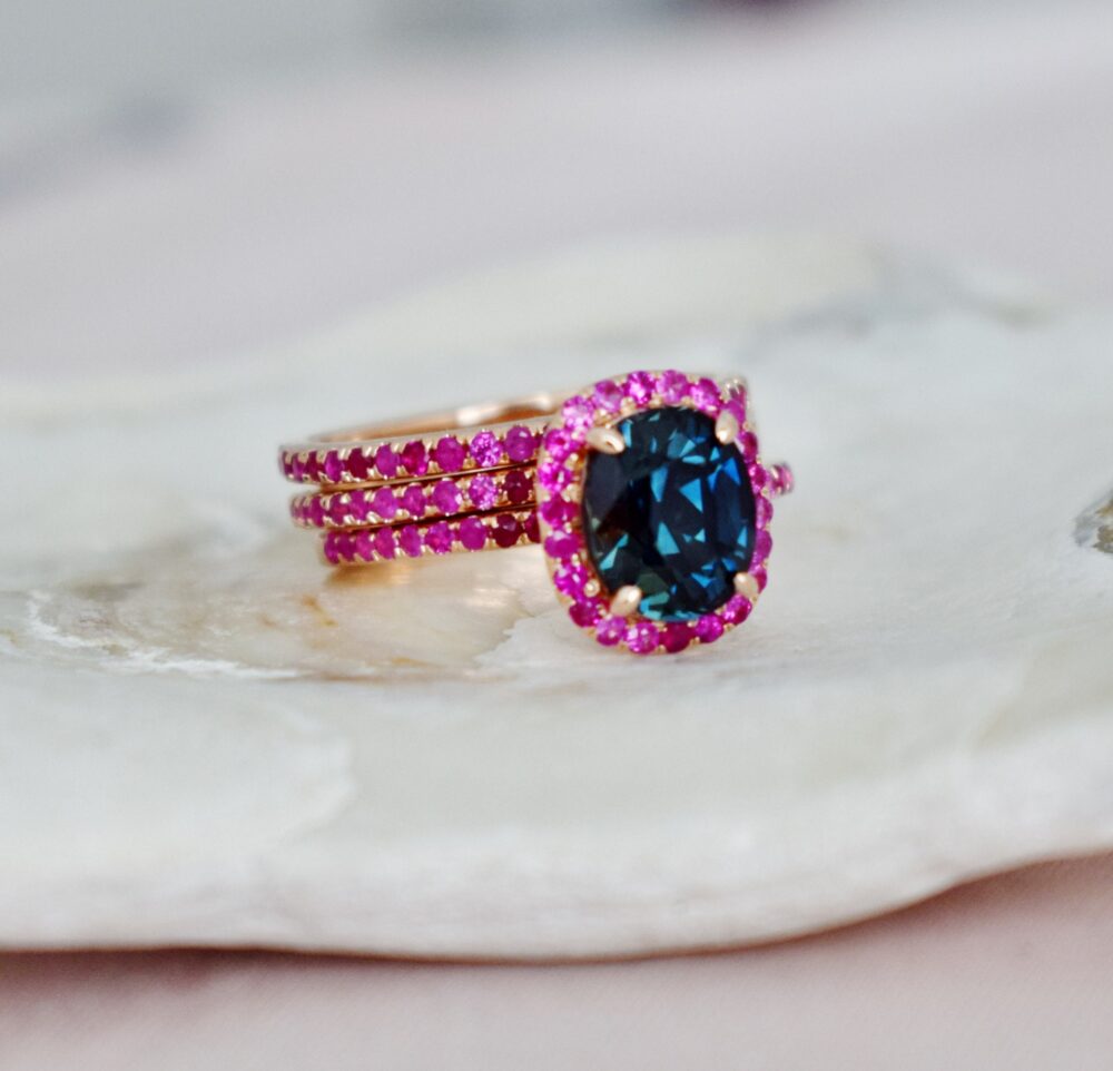 Sapphire Engagement Ring Set Ruby Halo, 14K Rose Gold Bridal Rings