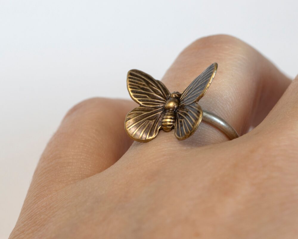 Oxidized Brass Butterfly Statement Ring Sterling Silver Band