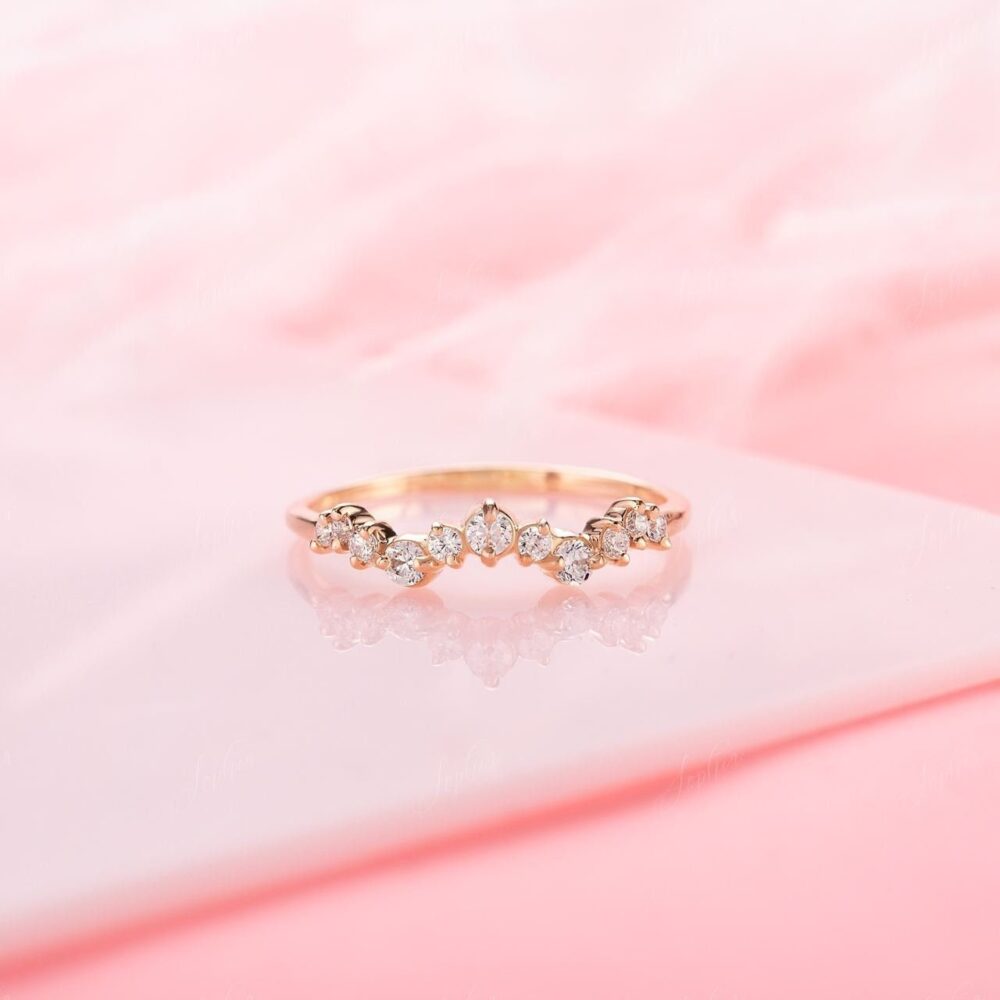 Unique Cluster Curved Wedding Band Rose Gold, Dainty For Her, White Cz Band, Women Tiny Personalized Ring
