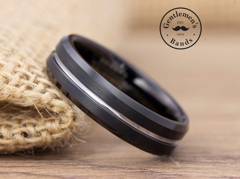 Black & Silver Mens Wedding Ring, Band, Groove, Engagement Promise Masculine Manly Band