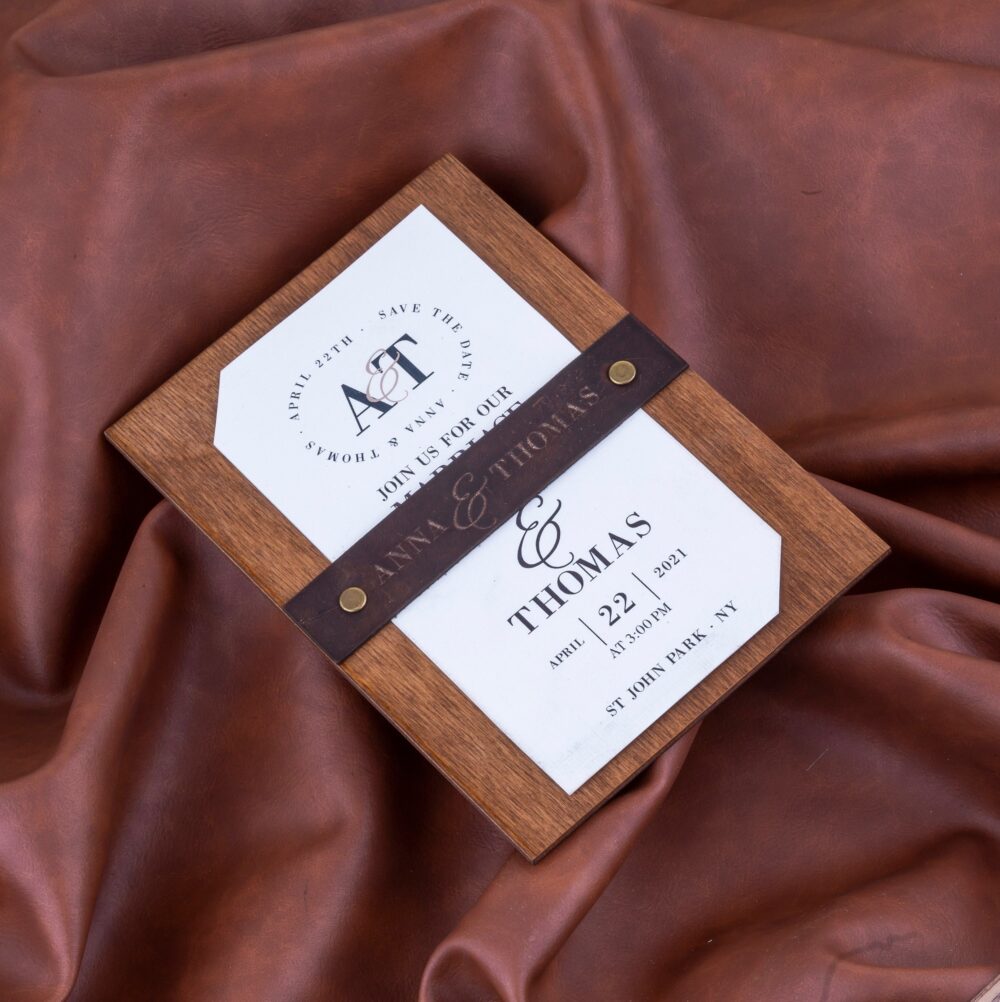 Rustic Wood Wedding Invitation Leather Detail, Engraved Birch | 4x6"
