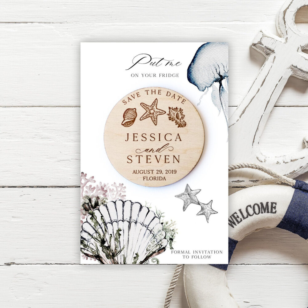 Wedding Save The Date Magnet Nautical Engraved Wooden Magnet Beach Wedding Favor Birch/ Beech/ Oak