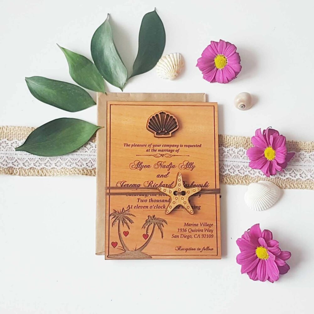starfish & Seashell Wedding Invitation, Destination Beach Summer Wedding, Wood Invitation