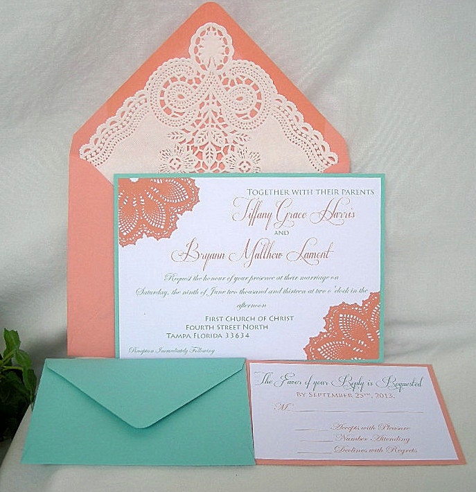 Coral Wedding Invitations Turquoise Doily Lace Invitation Custom Printed Birthday
