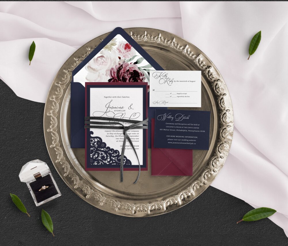 Burgundy Navy Wedding Invitation Floral Lace, White Ink Print