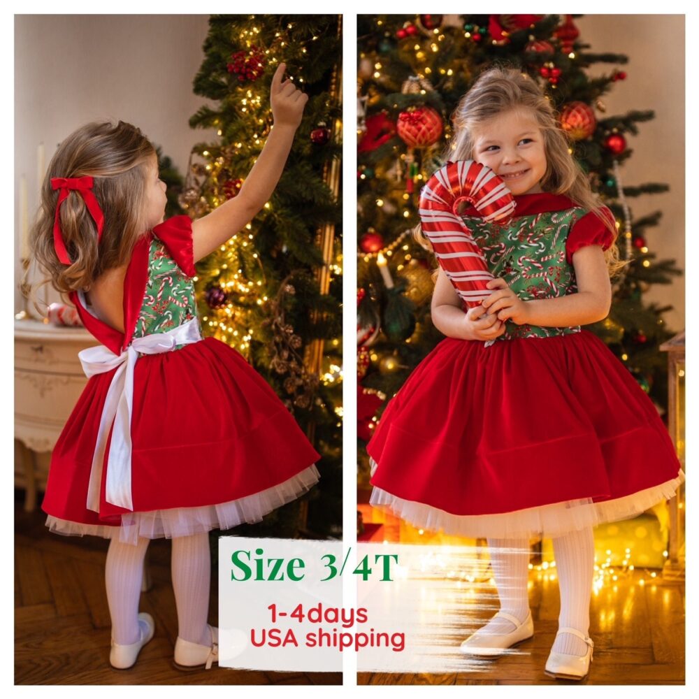 Red & Green Girl Christmas Dress, Toddler Outfit, Holiday Party Tutu Skirt, Photoshoot Girls Santa New Year Gift