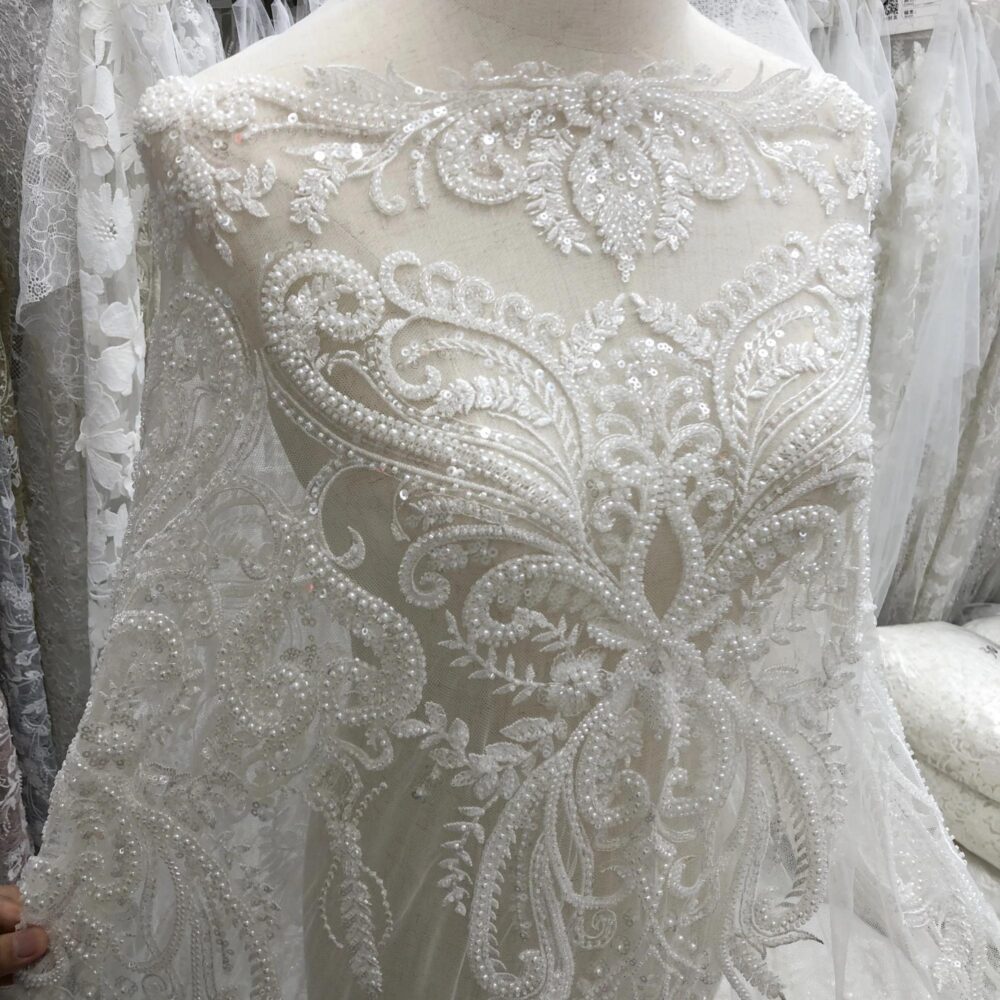 5 Yards/Anouck White Luxurious Damask Embroidery Floral Tulle Mesh Lace Dress Fabric