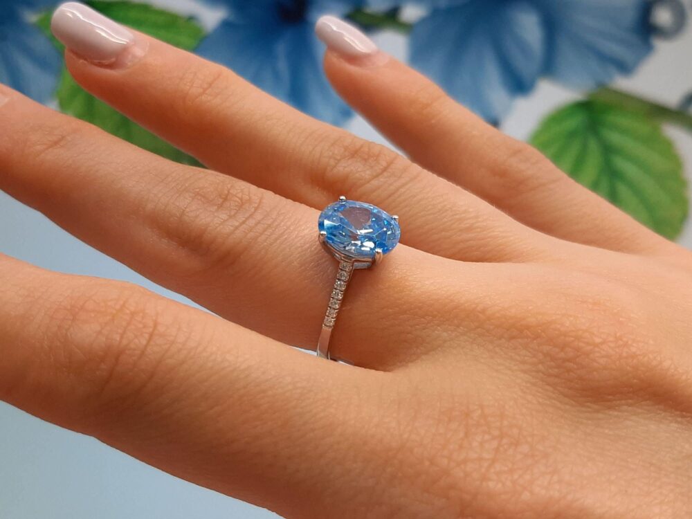 Oval 8x10 Blue Topaz Engagement Ring, Silver Ring, Simulated Diamond Anniversary Gift, Women Gift, Aquamarine Ring