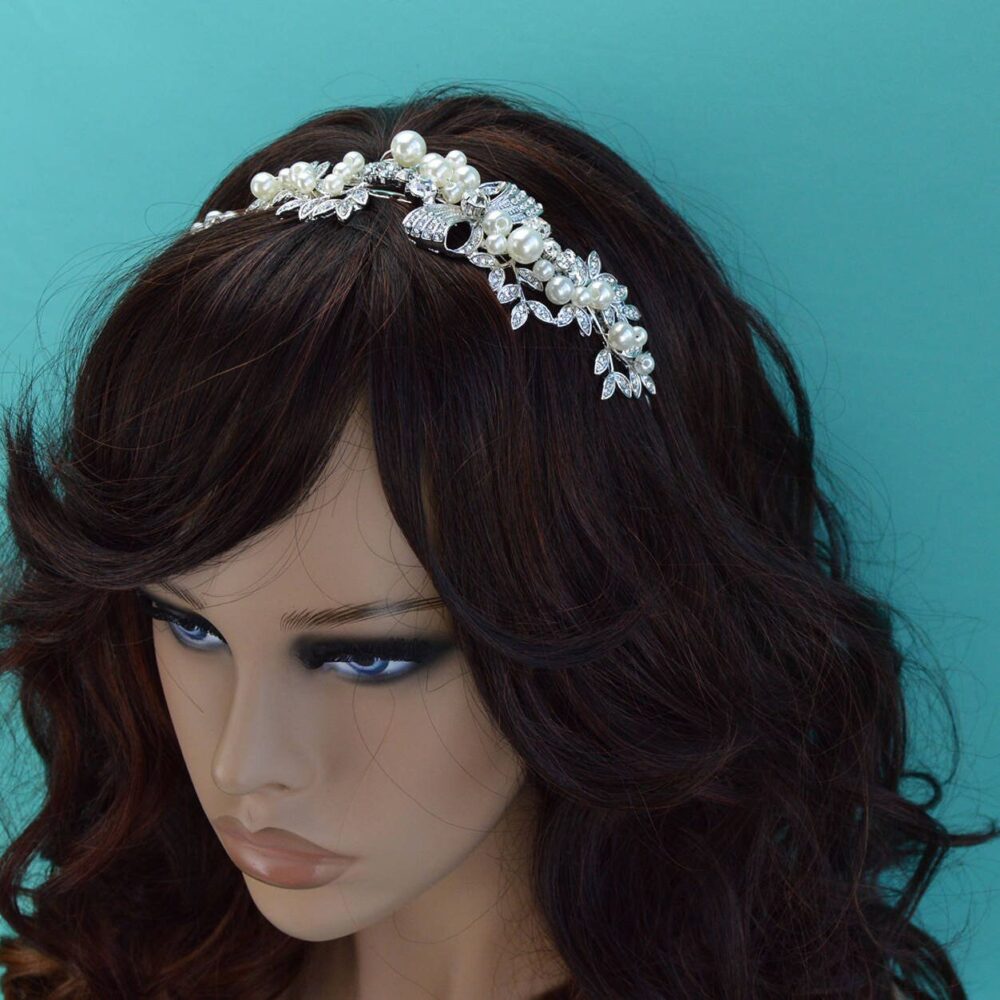 Clearance Crystal & White Pearl Bridal Side Headband, Silver Wedding Tiara, Rhinestone Crown, Hair Accessory, Ti-018
