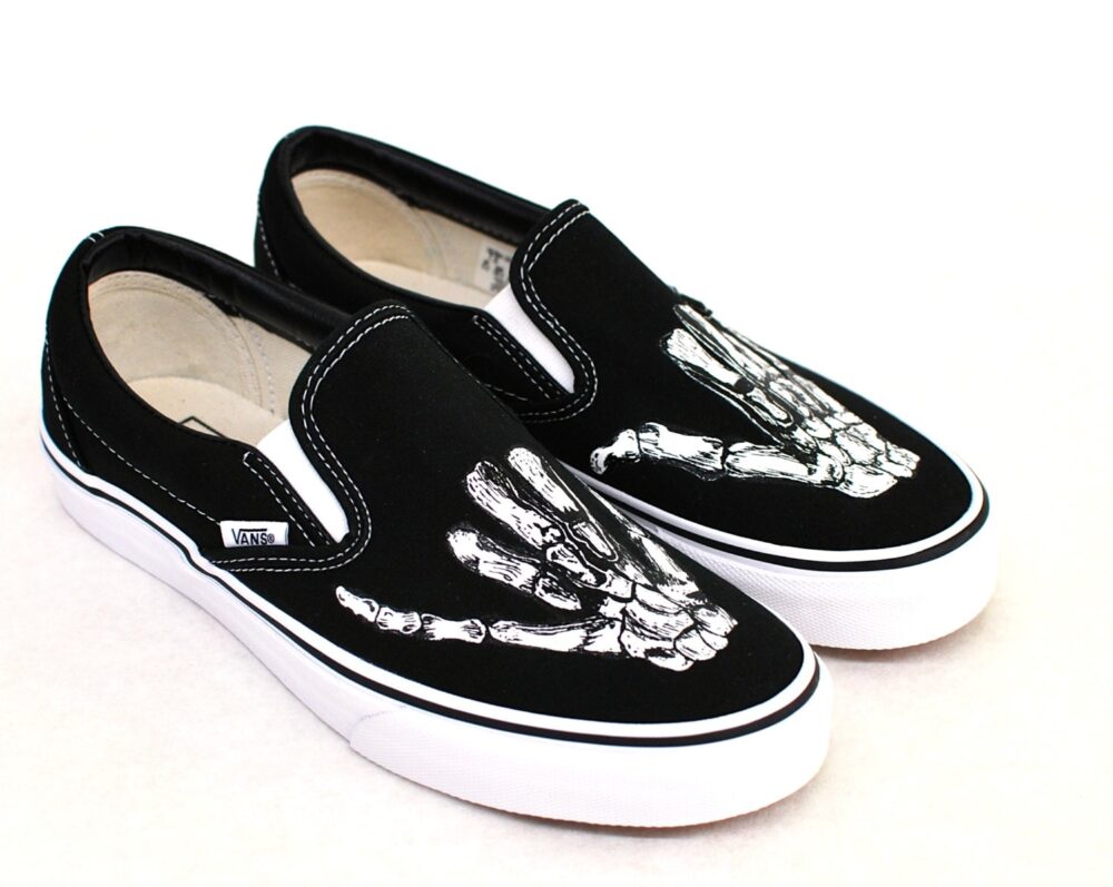 Shaka Skeleton Hands - Black Canvas Slip On Vans Shoes Womens & Mens