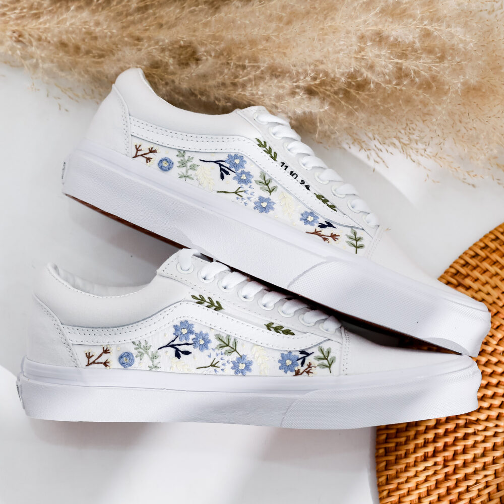 Wedding Vans For Bride & Groom, Blue Flowers Embroidered Custom, Bridal Floral Embroidery Slip On, Personalized Sneaker