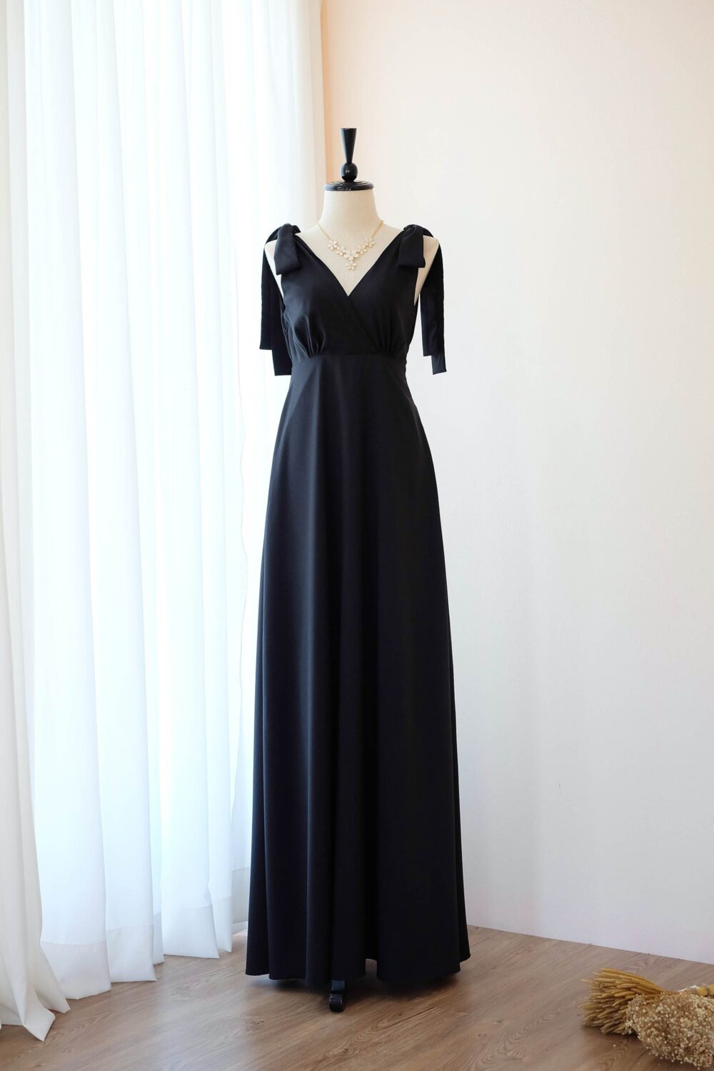Black Maxi Bridesmaid Dress, Wedding Guest Prairie Empire Waist Long Party Vintage Inspired Dress