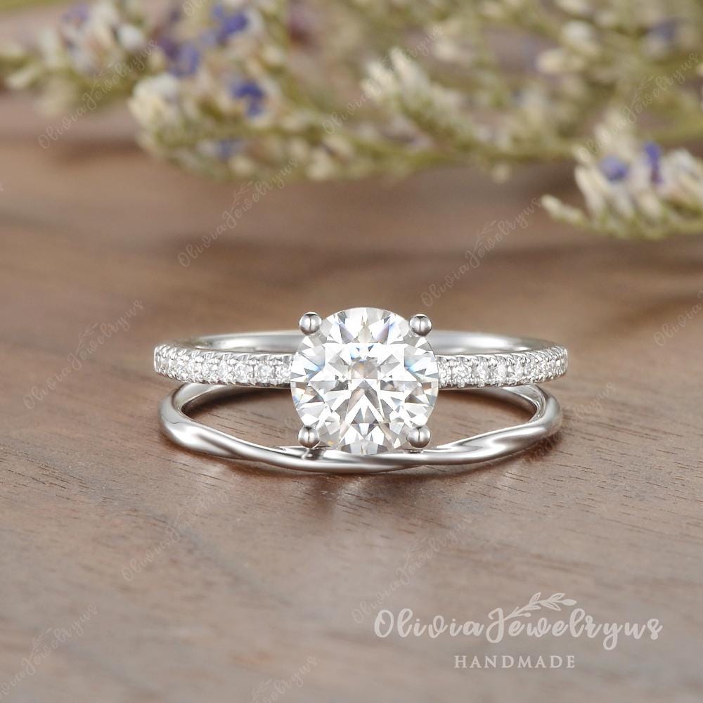 Minimalist 1Ct Round Moissanite Engagement Ring Set 2Pcs Delicate Twisted Gold Band Dainty Stacking Bridal 14K