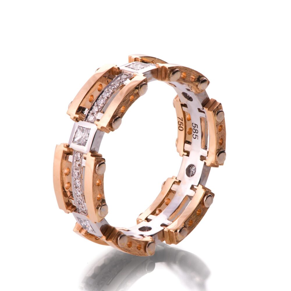 Men's 18K Rose Gold, Diamond Wedding Band, Steampunk, Men's Gold & Diamond Band