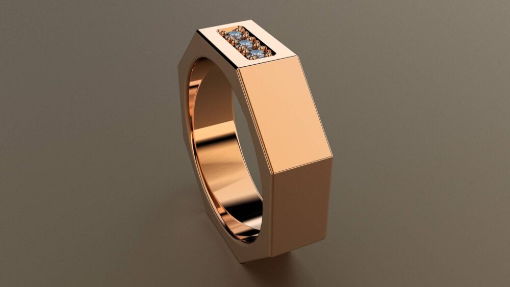 Diamond Rose Gold 6mm Mens Wedding Band, Octagon 14Kt Pink Ring With 3 Diamonds, Perfect For A Mechanic, Nut & Bolt