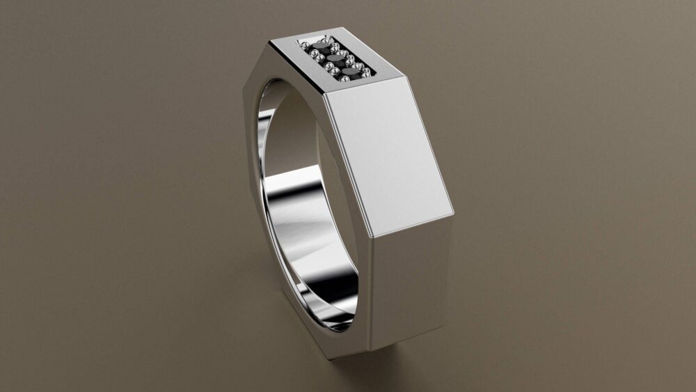 Black Diamond White Gold 6mm Brushed Mens Wedding Band, Matte Satin Octagon 14Kt Ring With 3 Diamonds, Mechanic
