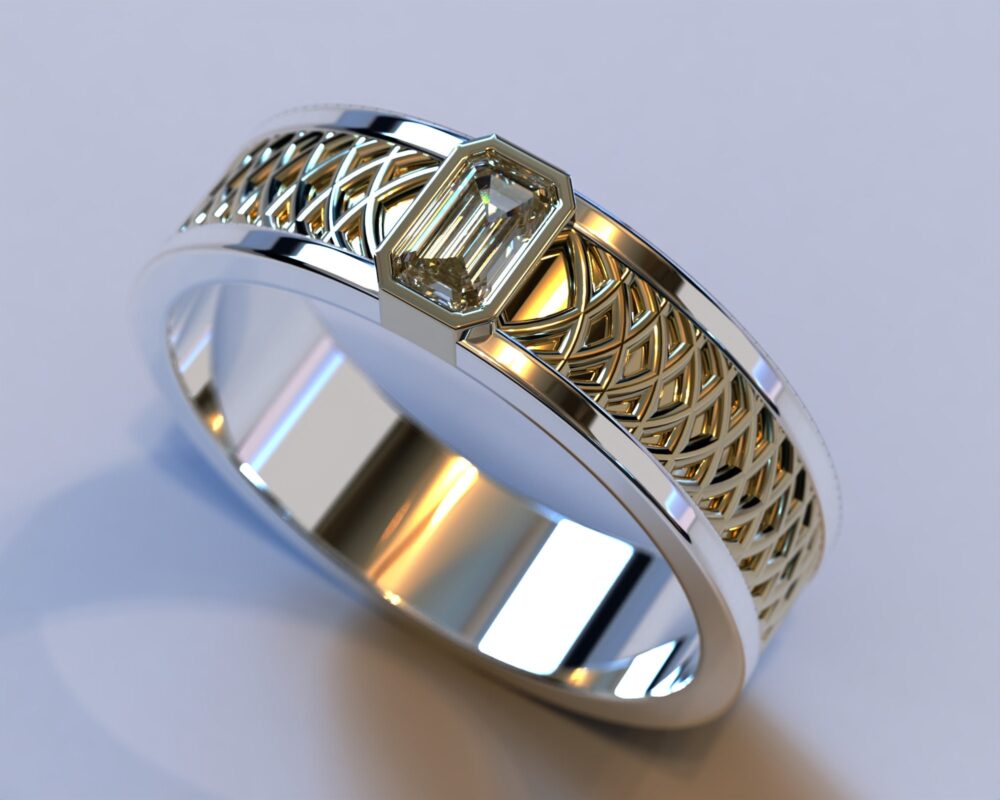 Diamond White Gold Mens Wedding Band Yellow Engraved