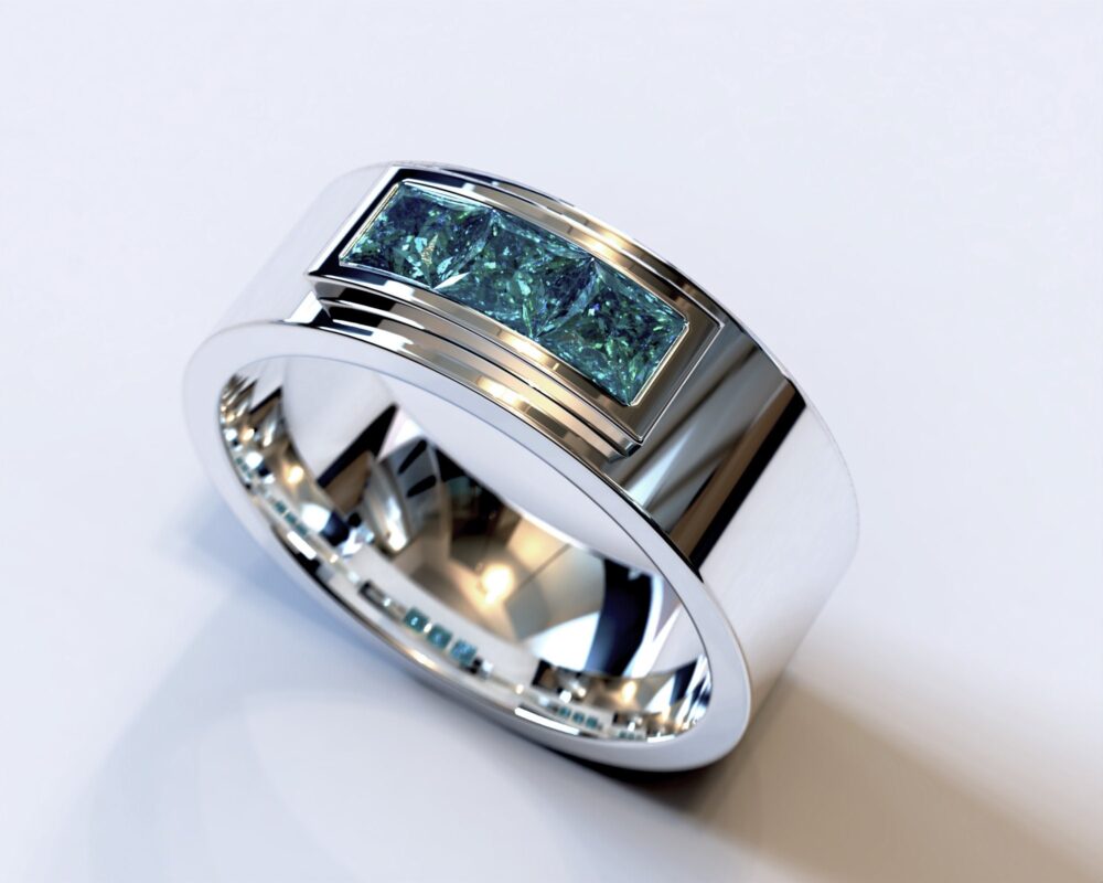 Mens Wedding Band White Gold Blue Diamond Ring
