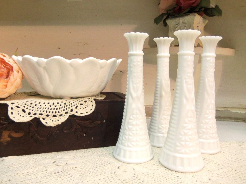 5 Piece Vintage Imperfect White Or Milk Glass Bowl & Tall Bud Vase Set One Four Bud Vases Unmarked