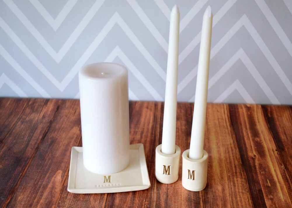 Personalized Ceramic Wedding Unity Candle Set With Holders