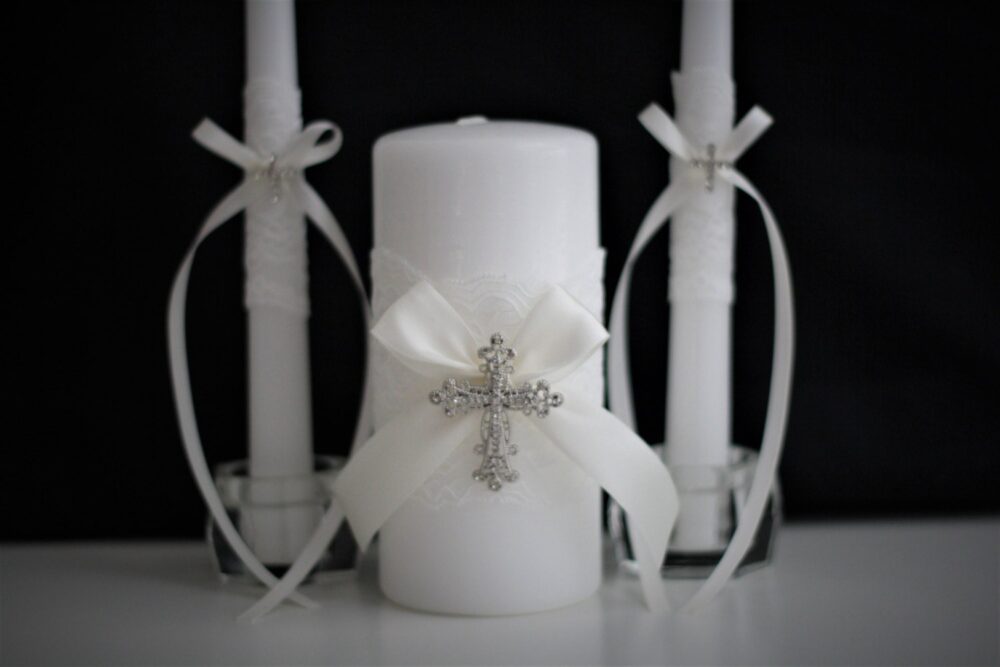 Wedding Unity Candle Set, Church Candles, Candles Lace Christian Cross Ceremony Pillar