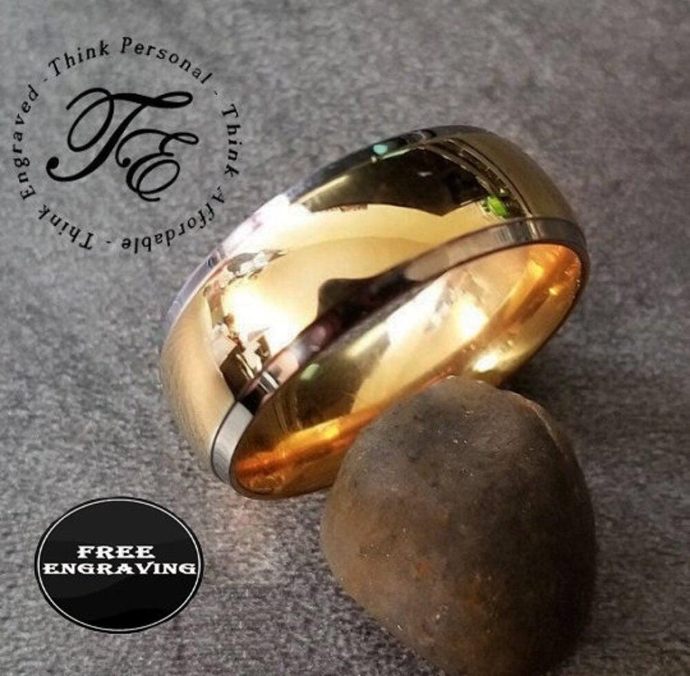 Engraved Two-Tone Titanium Wedding Band 14K Gold & Silver