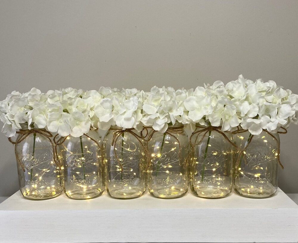 Lighted Mason Jar Centerpiece Set White Hydrangeas, Rustic Wedding Decor