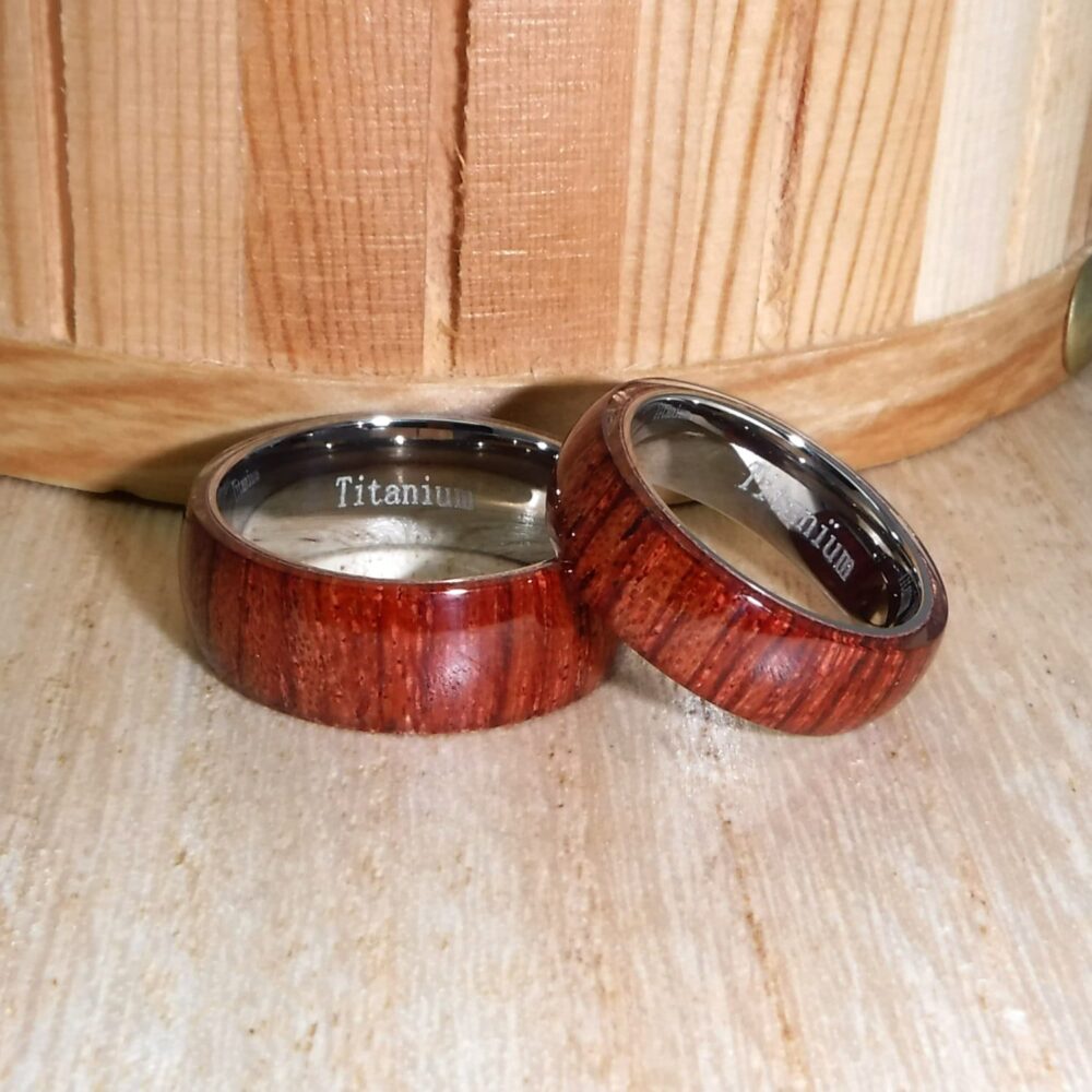 Custom Engraved Titanium Ring Set - Koa Wood Inlay Wedding Bands