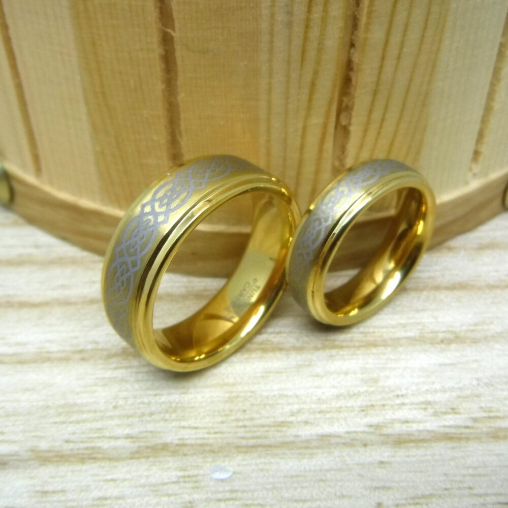 Gold Plated Tungsten Celtic Cross Wedding Band Set - Custom Engraving
