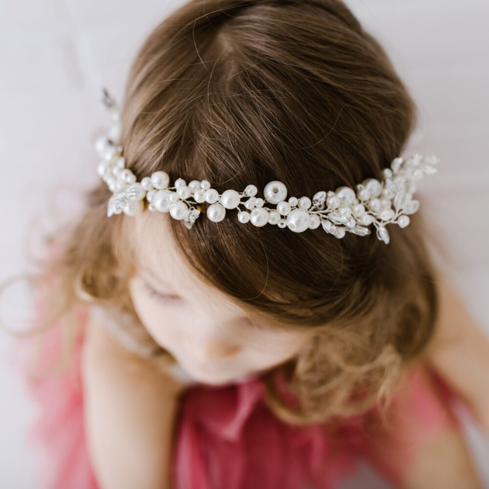 Kelly Floral Turban Headband, Pearl Flower Girl Halo, Boho Toddler Wedding Hair Accessory