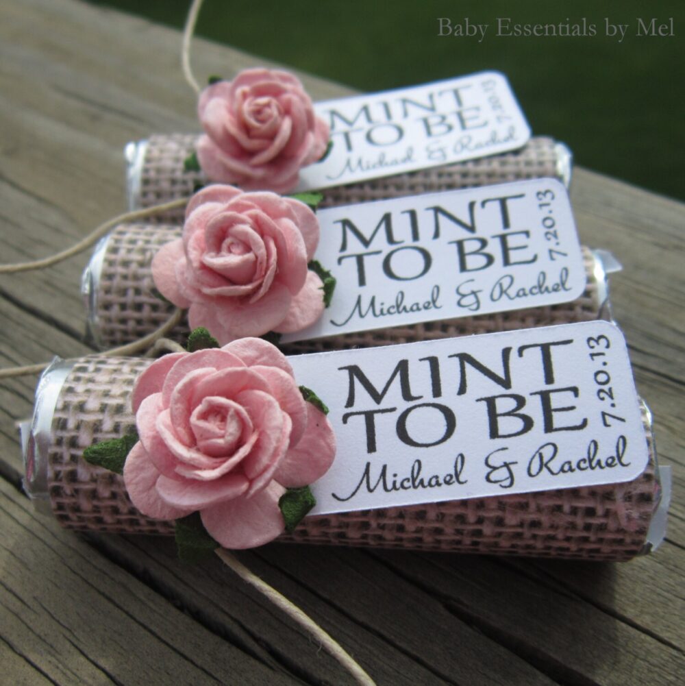 Personalized Mint Wedding Favors Burlap, Rose, Shabby Chic - Set Of 100
