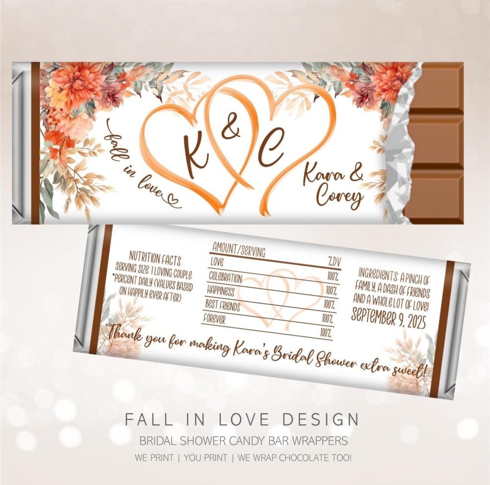 Printed Autumn Fall Candy Wrappers, Elegant Affordable Bridal Shower Wedding Party Favors, Personalized Hershey Lindt Chocolate, | Set Of 6
