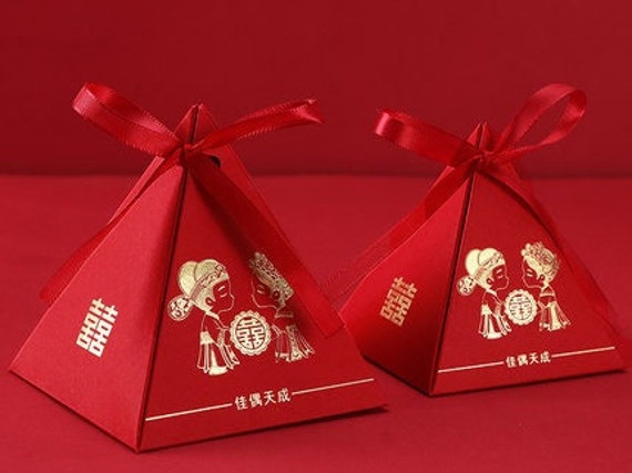 100 X Wedding Favor Box - Double Happiness With Cartoon Bride & Groom in Traditional Chinese Costume | S Perfect Match 2