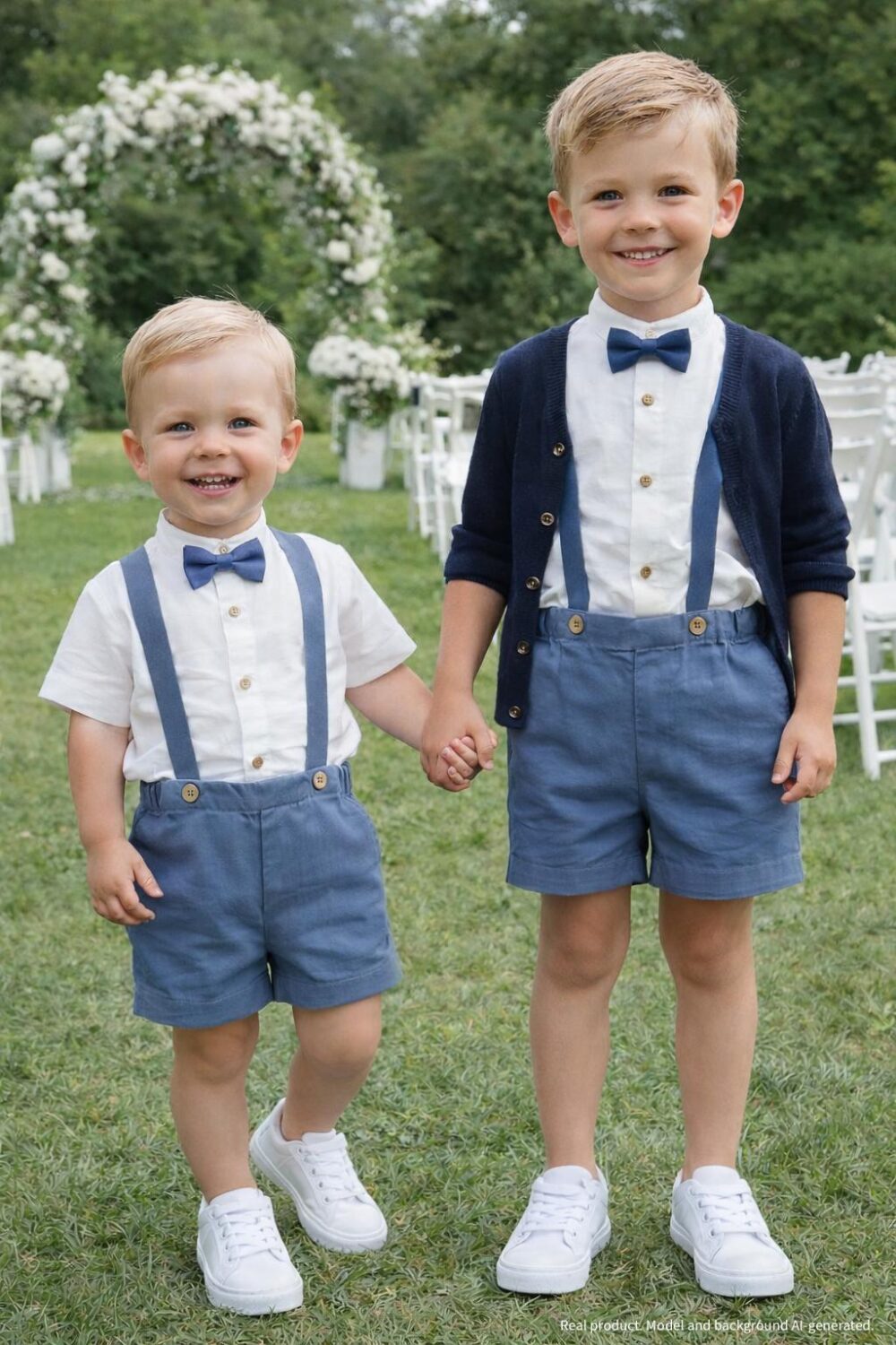 Baby Boy Baptism Outfit, Ring Bearer Suit, Boys Suit - 4Pce Blue Linen Suit Shorts With Straps+Shirt+Bow Tie+Cardigan, 100% Wool | Merino