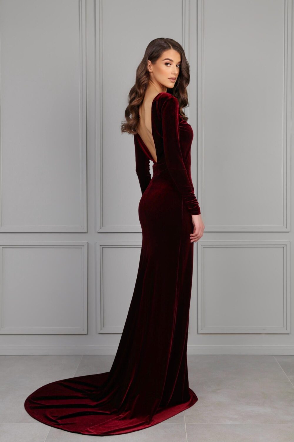 Burgundy Wedding Velvet Dress, Long Sleeve Elegant Bodycon, Backless Maxi Gown