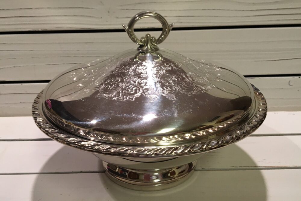 Vintage Silver Plate Covered Serving Dish With Inner Glass Bowl/ Wedding Shower Ware/ Bridal Luncheon Ware/Baby Ware/Holiday Ware