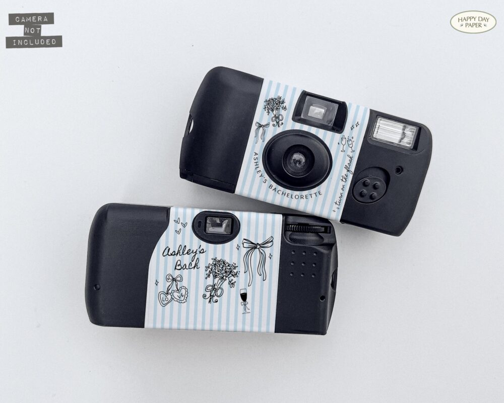 Striped Disposable Camera Wrap With Bows & Bachelorette Theme Sticker Only