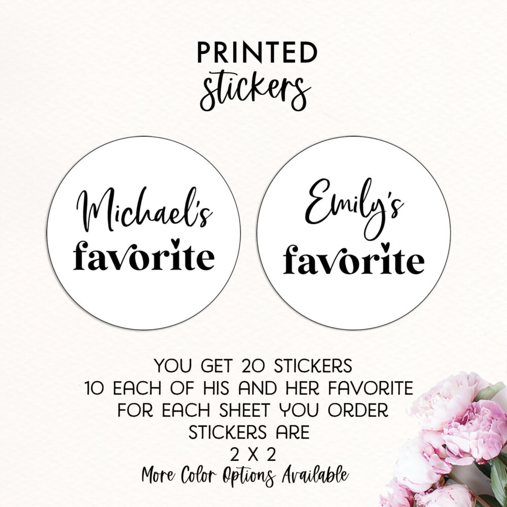Personalized Wedding Favor Stickers, His & Her Favorite Treat Labels