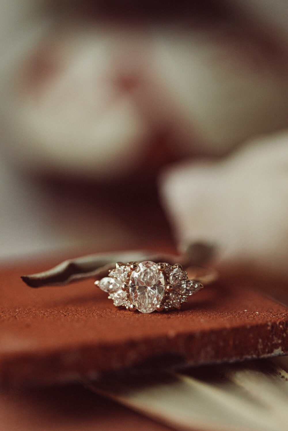 Oval Moissanite Rose Gold Engagement Ring, Marquise & Round Side Stones