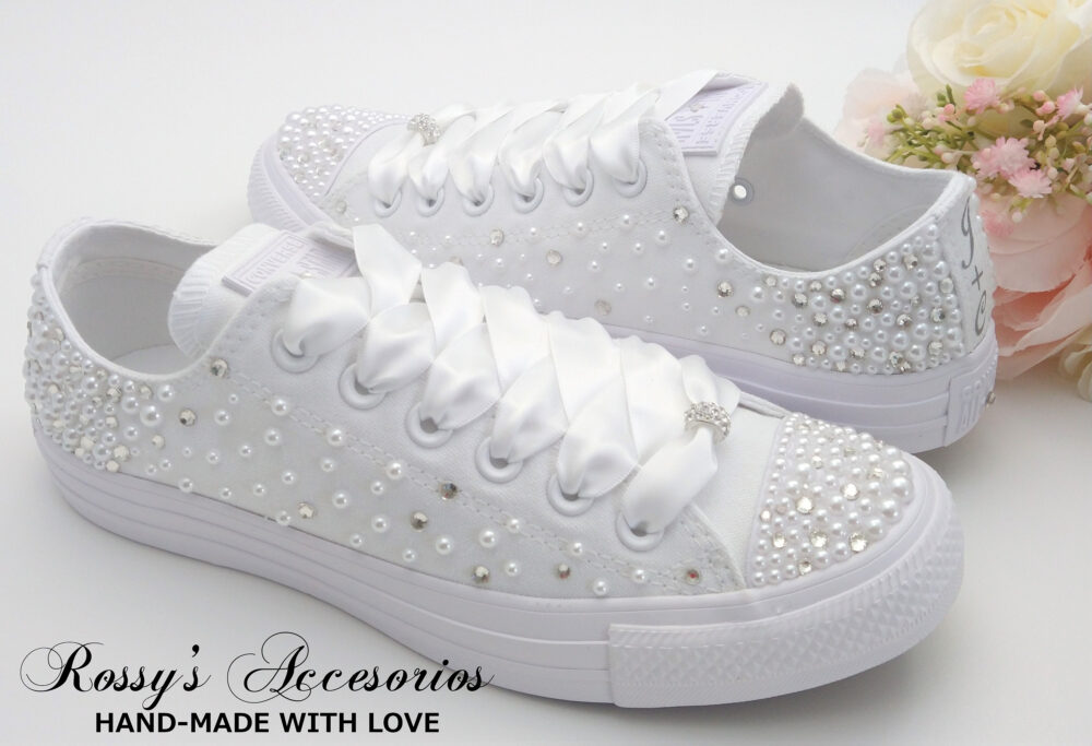 Personalized Pearls Crystal Wedding Converse For Bride/White Shoes Custom Bling Low Top