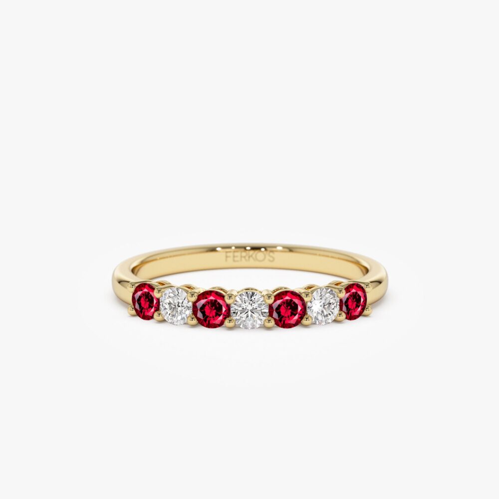 14K Gold Ruby Ring, Round & Diamond Wedding July Birthstone Stacking Band, Birthday Gift For Her, Minimalist Layering Ring